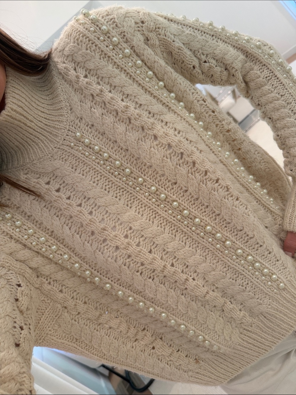 Ermanno Scervino Cream Beaded Cable Turtleneck Sweater